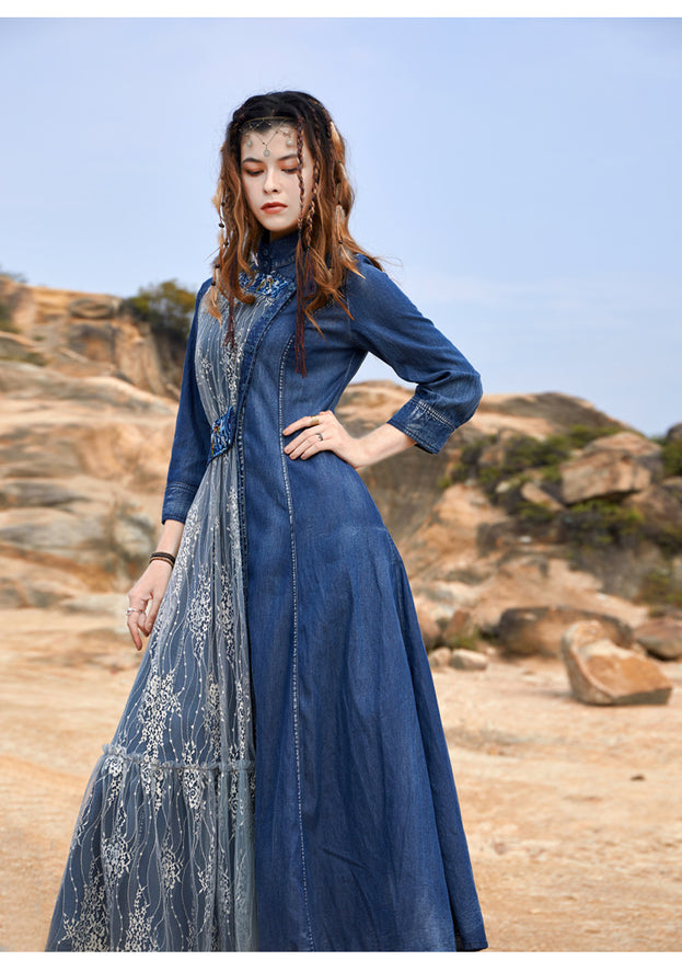 Embroidered Sweet Dress French Vintage Full-Length Skirt with Waist Tucked in