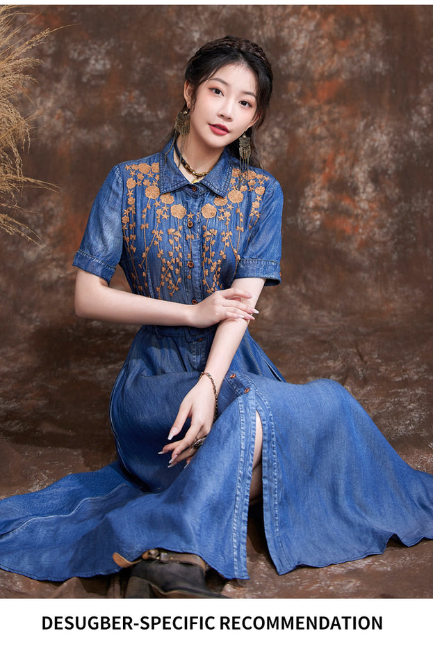Waist Shrink Slimming Dress 2023 Spring and Summer New Vintage Embroidered Lapel Temperament Denim Long Skirt