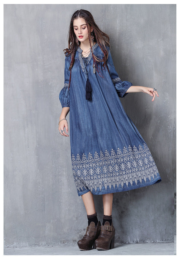 V-Neck Lace-Up Loose A-Line Large Size Temperament Denim Skirt 2023 Spring and Summer Embroidered Mid-Sleeve Vintage Dress