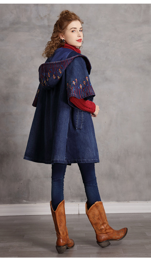 Embroidered Hooded Denim Coat Vintage Loose in a Stylish Doodle