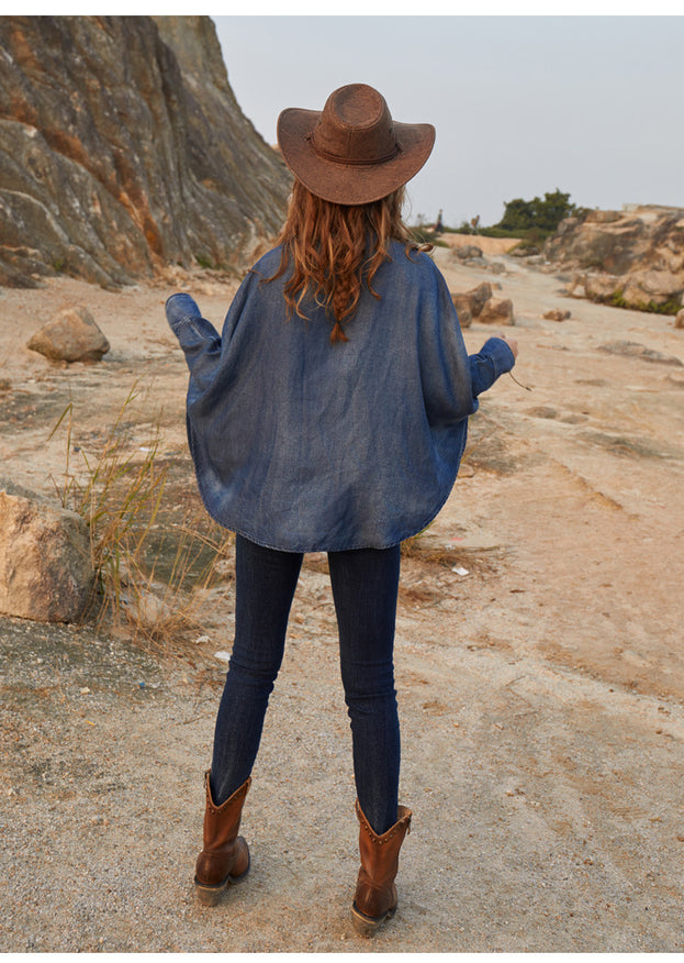 Vintage Heavy Industry Embroidery Loose Lapel Denim Top