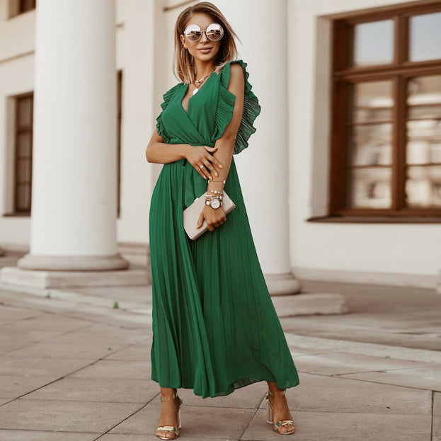 Fashion Slim Sexy Lotus Leaf Sleeve Chiffon Pleated Skirt Solid Color Dress
