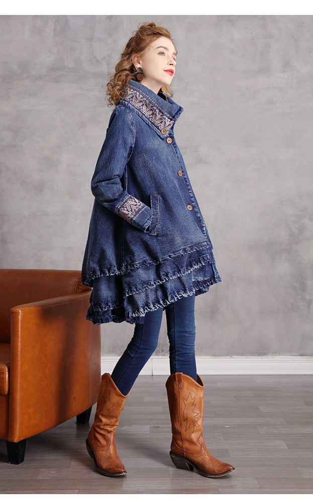 New Stand-Up Collar Denim Trench Coat Women's Vintage Embroidery Loose Mid-Length Coat