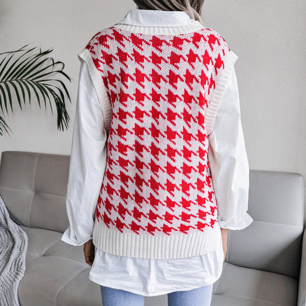 V-Neck Thousand Bird Plaid Casual Loose Knitted Vest Sweater Vest