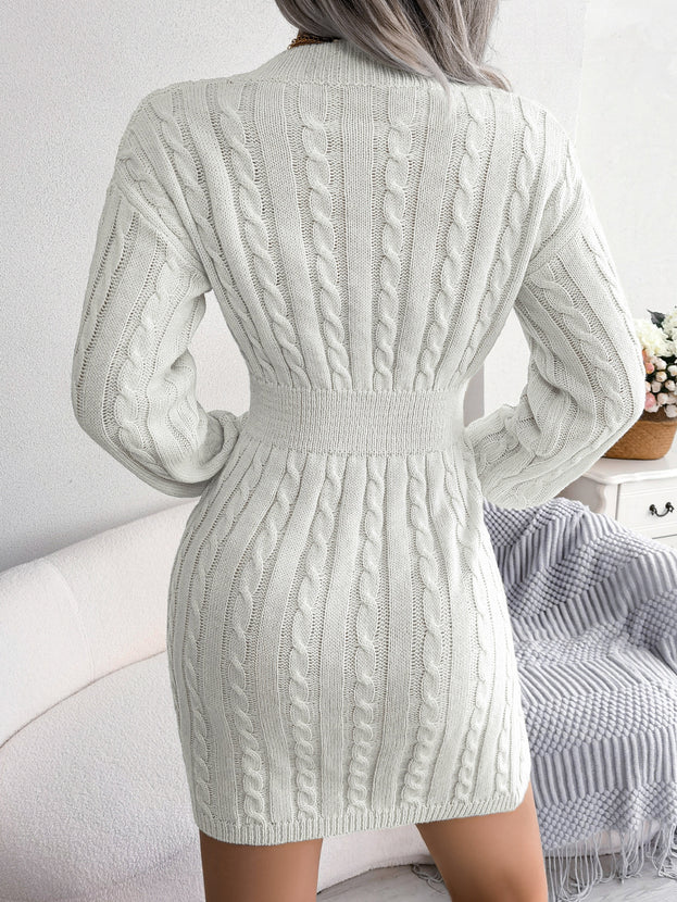 V-Neck Long Sleeve Stretch Waist Sweater Skirt
