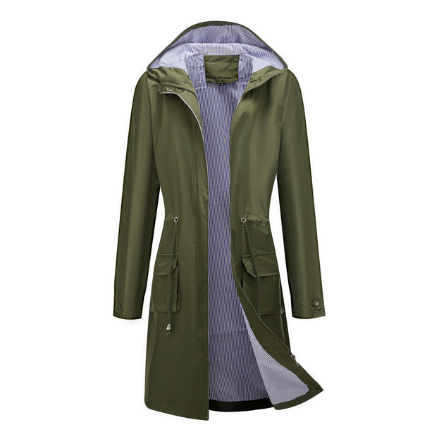 Long Casual Windbreaker Hooded Solid Color Top Striped Lining Straight Coat