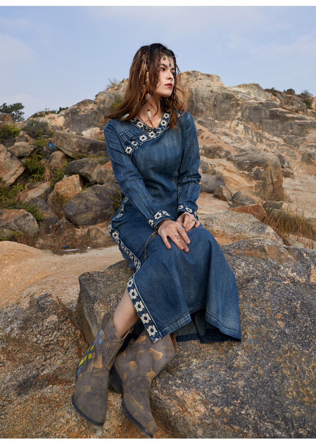 New Vintage Crewneck Denim Skirt Cheongsam Style Dress