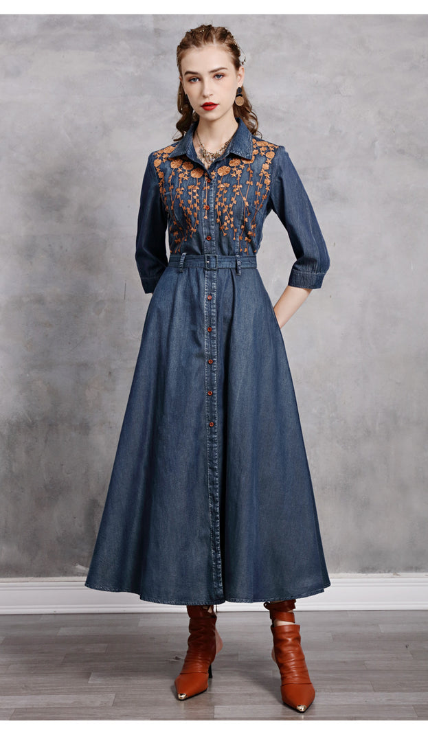 Lapel Temperament Slim Embroidered Denim Maxi Dress 2022 Vintage Mid-Sleeve New Slimming Dress