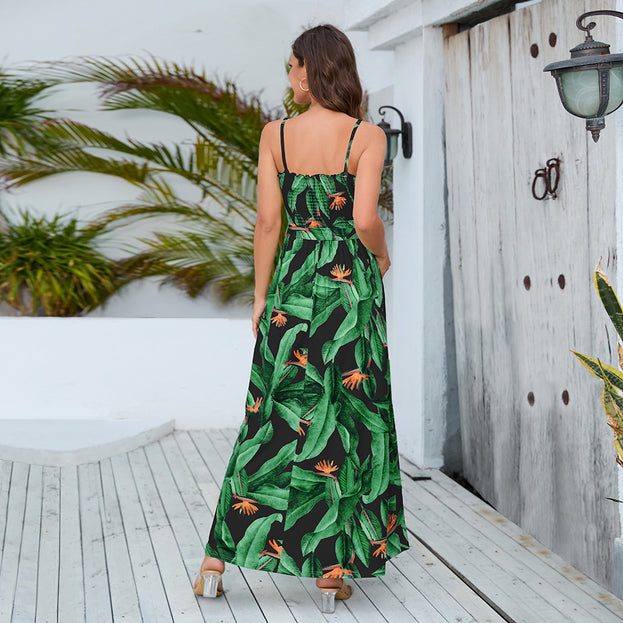 New High-Waisted Slit Dress Bohemian Backless Suspender Skirt