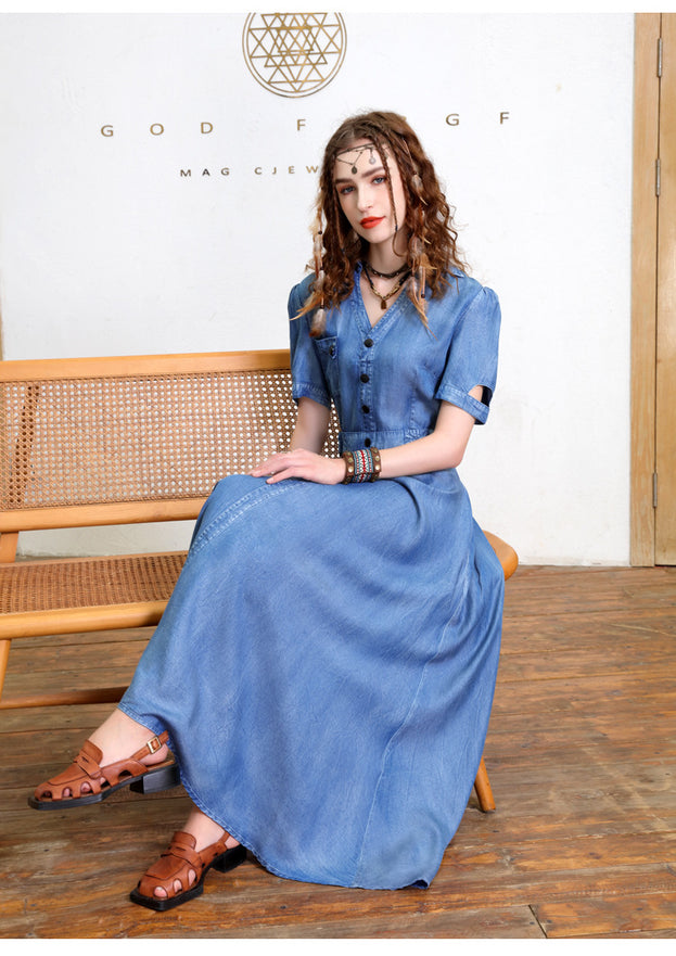 New Retro Waist Slimming Tensilk Jean Maxi French Temperament V-Neck Dress