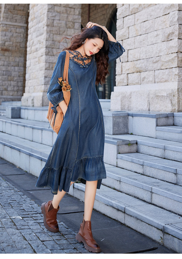 New Fishtail Denim Skirt Embroidery Ethnic Style Handmade Coil Button Dress