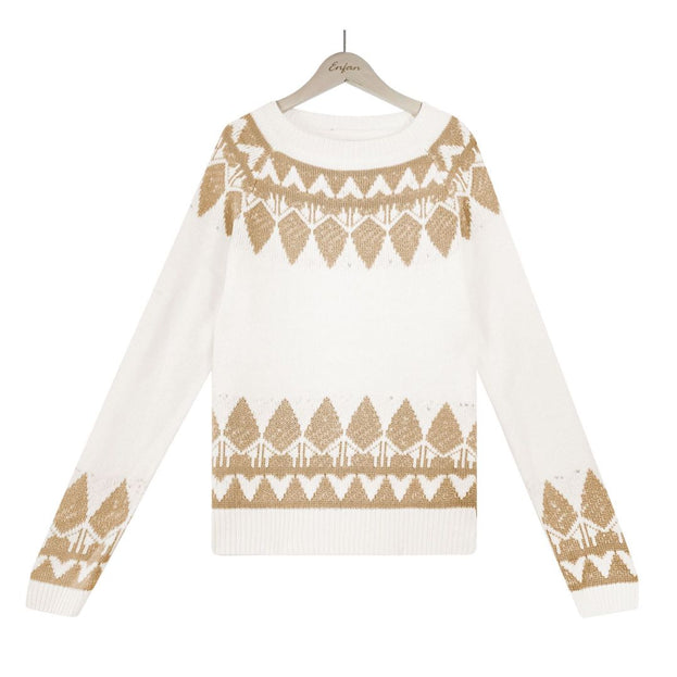 Vintage Jacquard Knit Crew Neck Long Sleeve Pullover