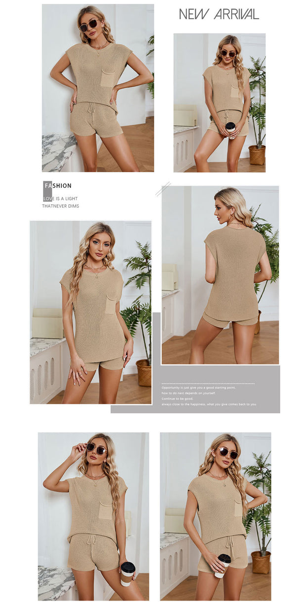 Loose Casual Suit with Pocket Solid Color Ladies Knitwear