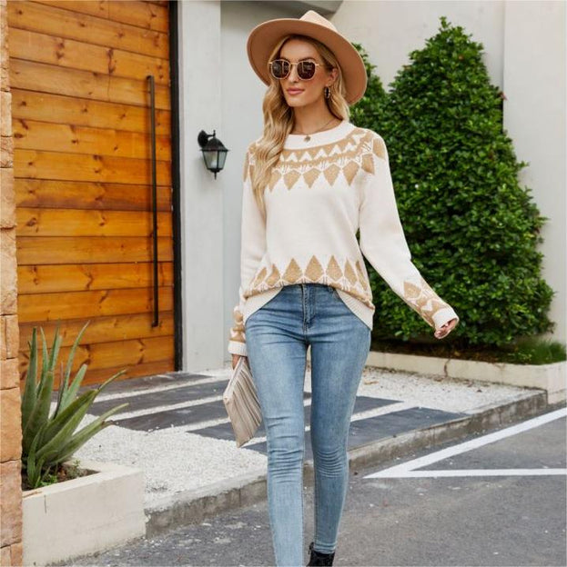 Vintage Jacquard Knit Crew Neck Long Sleeve Pullover
