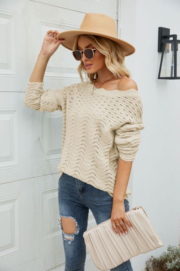Women's Solid Color Hollow Pullover Lace Knitted Sweater Off the Shoulders