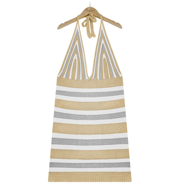 Sexy Backless Women's Knitted Camisole Blouse Dress Striped Bikini Beach Dress