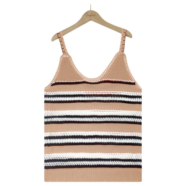 Fashionable V-Neck Striped Color Contrast Knitted Sweater Ice Silk Loose Vest