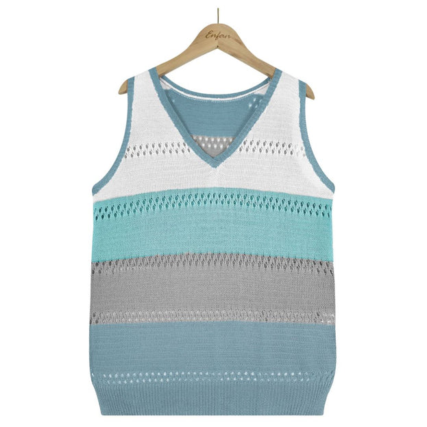 Women's Pick Hole Loose V-Neck Color Block Sweater