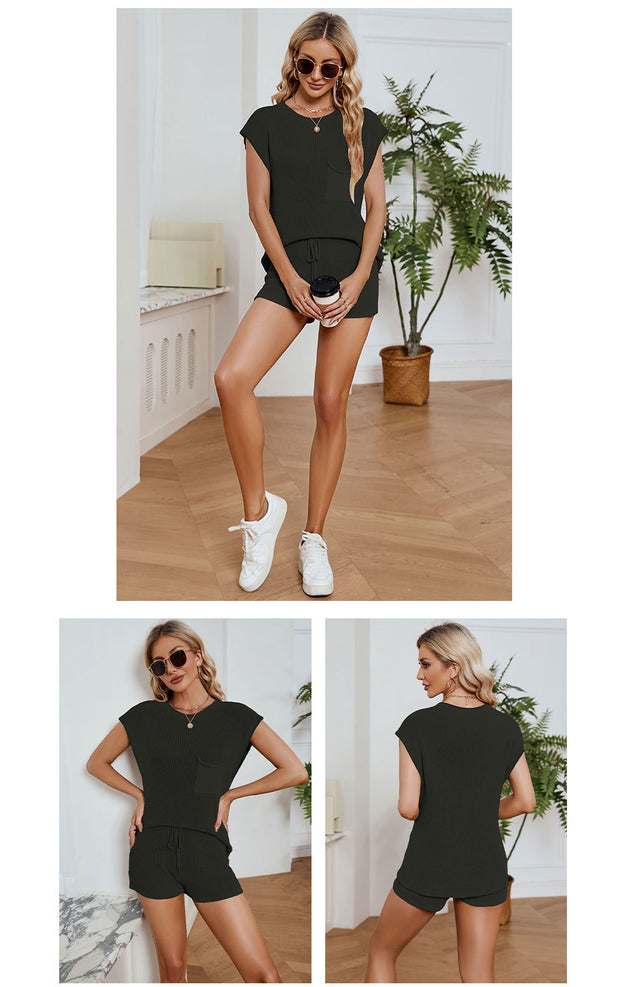 Loose Casual Suit with Pocket Solid Color Ladies Knitwear