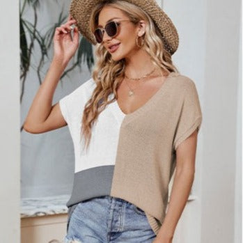 V-Neck Colorblock Cap Sleeve Loose Casual Oversized T-Shirt