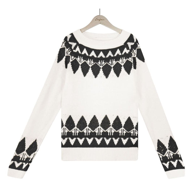 Vintage Jacquard Knit Crew Neck Long Sleeve Pullover