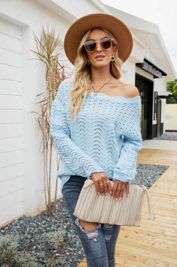 Women's Solid Color Hollow Pullover Lace Knitted Sweater Off the Shoulders