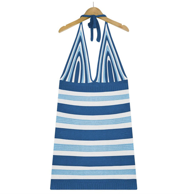Sexy Backless Women's Knitted Camisole Blouse Dress Striped Bikini Beach Dress