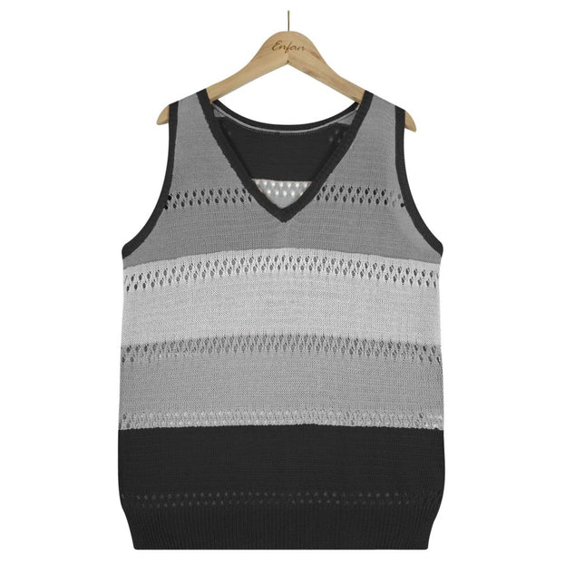 Women's Pick Hole Loose V-Neck Color Block Sweater