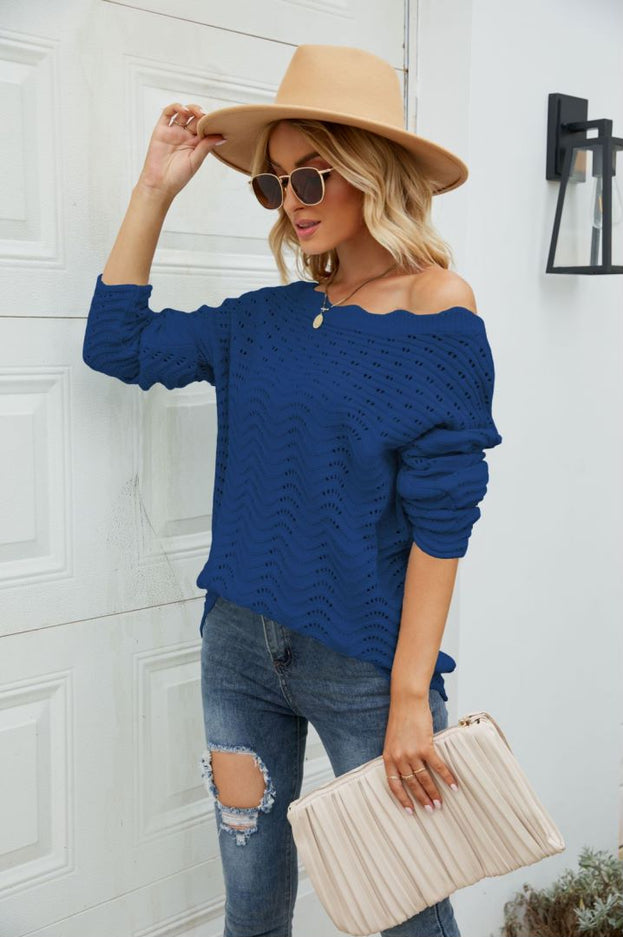 Women's Solid Color Hollow Pullover Lace Knitted Sweater Off the Shoulders