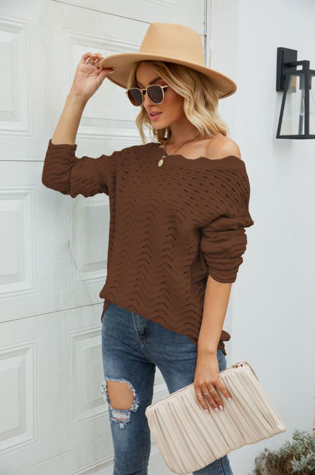 Women's Solid Color Hollow Pullover Lace Knitted Sweater Off the Shoulders