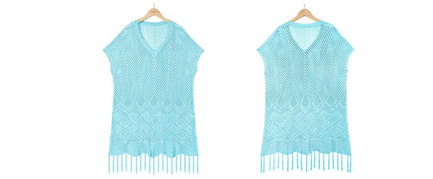Solid Color Fringed Hollow Knit Sweater Loose Plus Size Beach Dress