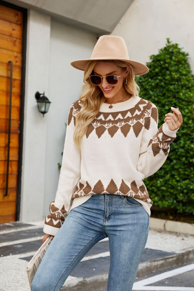 Vintage Jacquard Knit Crew Neck Long Sleeve Pullover