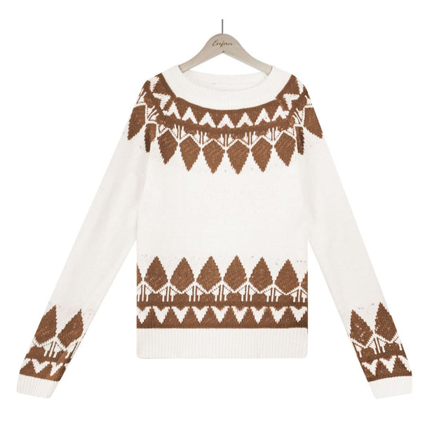 Vintage Jacquard Knit Crew Neck Long Sleeve Pullover