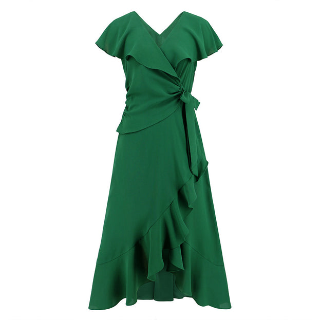 Flowering Lotus Leaf Large Swing V-Neck Dress