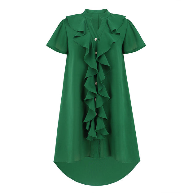 Ruffle Lace Open Button Shirt Dress V Neck Plus Size Dress