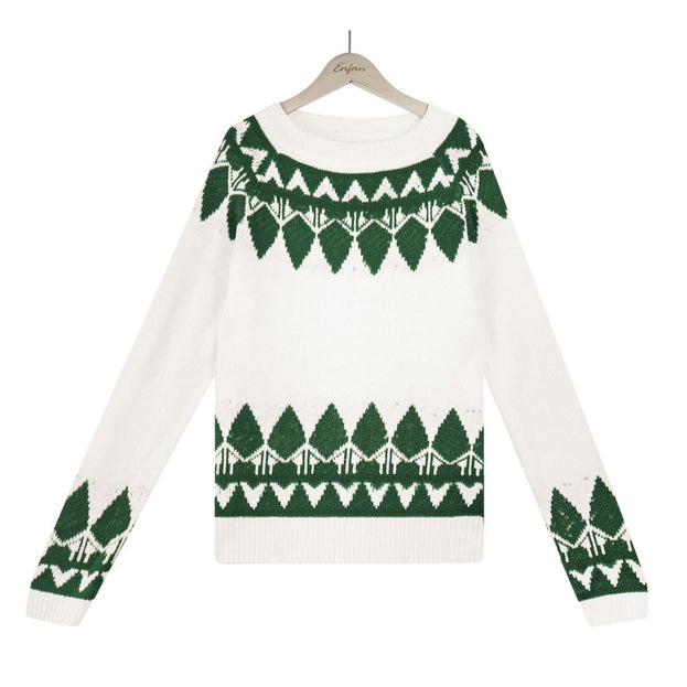 Vintage Jacquard Knit Crew Neck Long Sleeve Pullover