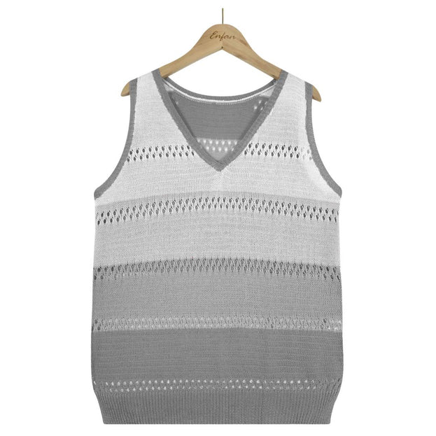 Women's Pick Hole Loose V-Neck Color Block Sweater