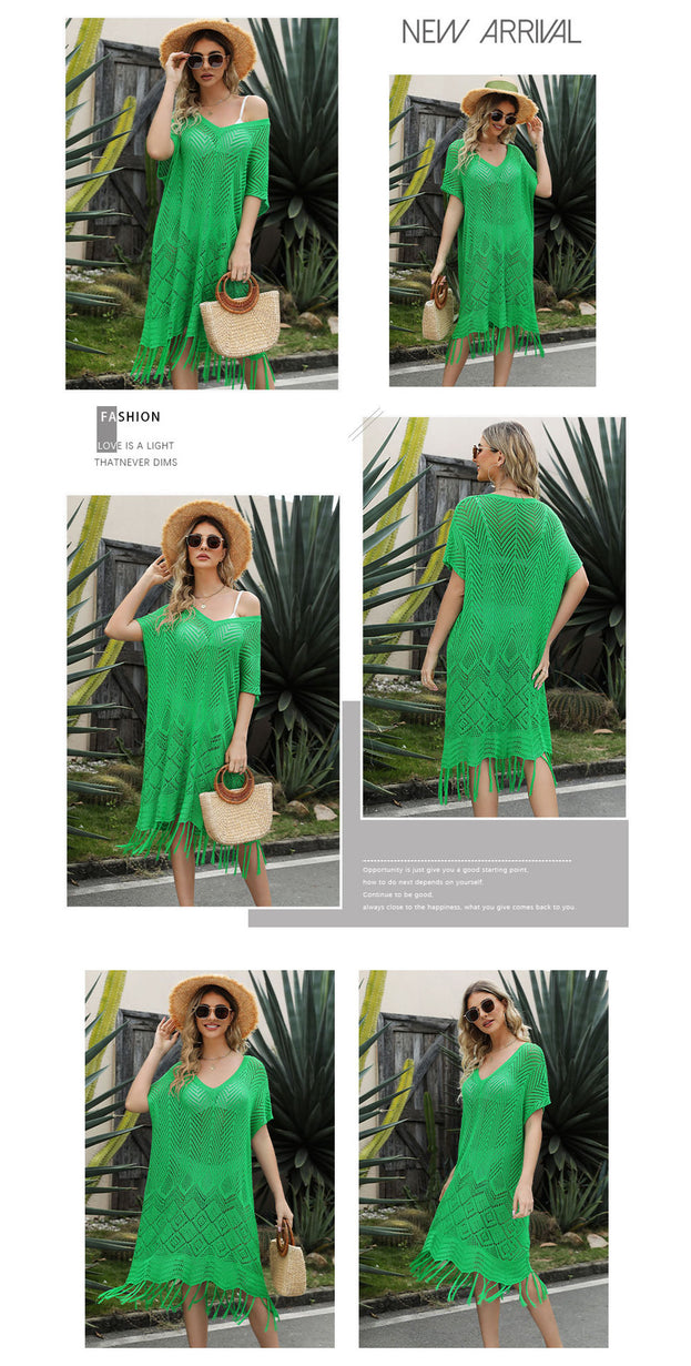 Solid Color Fringed Hollow Knit Sweater Loose Plus Size Beach Dress