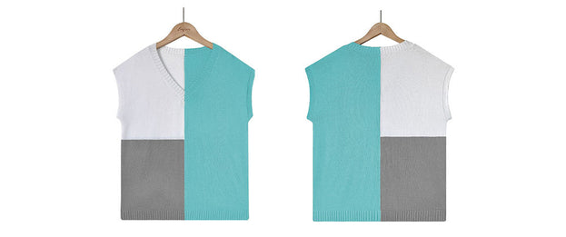 V-Neck Colorblock Cap Sleeve Loose Casual Oversized T-Shirt