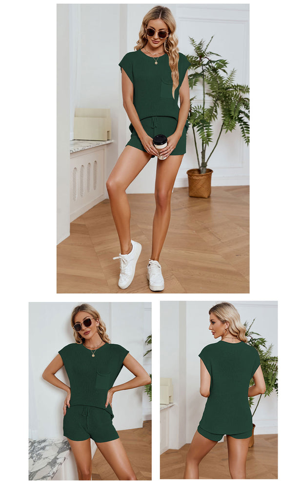 Loose Casual Suit with Pocket Solid Color Ladies Knitwear