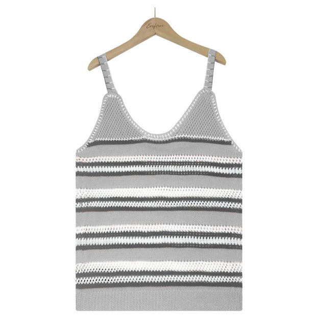 Fashionable V-Neck Striped Color Contrast Knitted Sweater Ice Silk Loose Vest