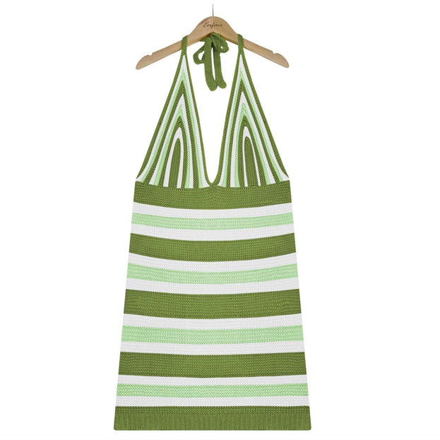 Sexy Backless Women's Knitted Camisole Blouse Dress Striped Bikini Beach Dress