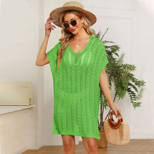 V-Neck Solid Color Hollow Beach Skirt Foreign Trade Loose Plus Size Blouse