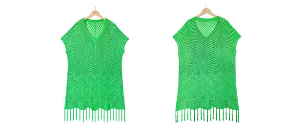 Solid Color Fringed Hollow Knit Sweater Loose Plus Size Beach Dress