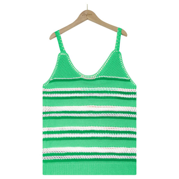 Fashionable V-Neck Striped Color Contrast Knitted Sweater Ice Silk Loose Vest