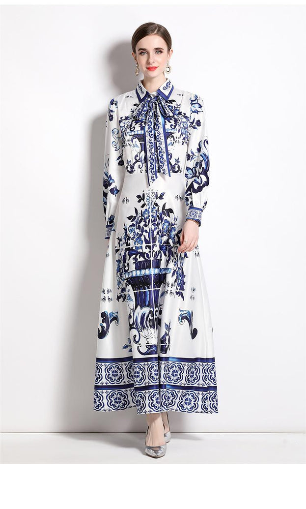Fashion All-in-One Waist Slimming Blue and White Porcelain Positioning Printed Dress with Belt