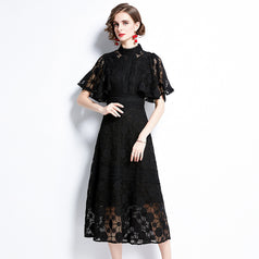 Wider Sleeve Opening High Collar Black Lace Longer Dress