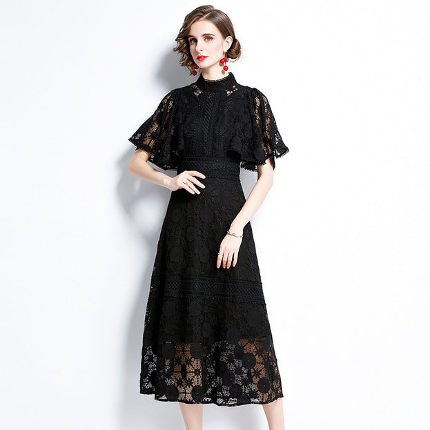 Wider Sleeve Opening High Collar Black Lace Longer Dress