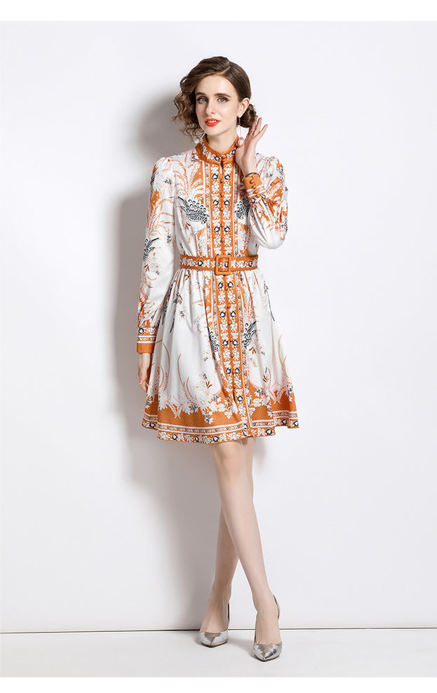 Fashion Vintage Fresh Stand-Up Collar Long-Sleeved Printed Dress