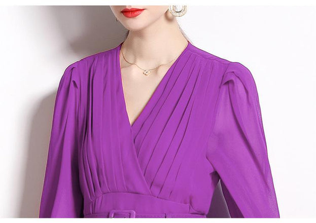 V-Neck Long Sleeved Solid Color Chiffon Waist Slimming Long Skirt Dress